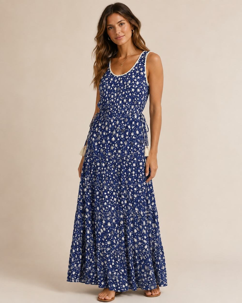 Poupette St Barth Women's Blue White L Maxi Dress Shell Print Tassel Resort Wear